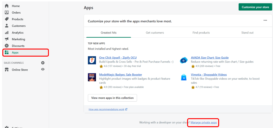 Shopify admin panel
