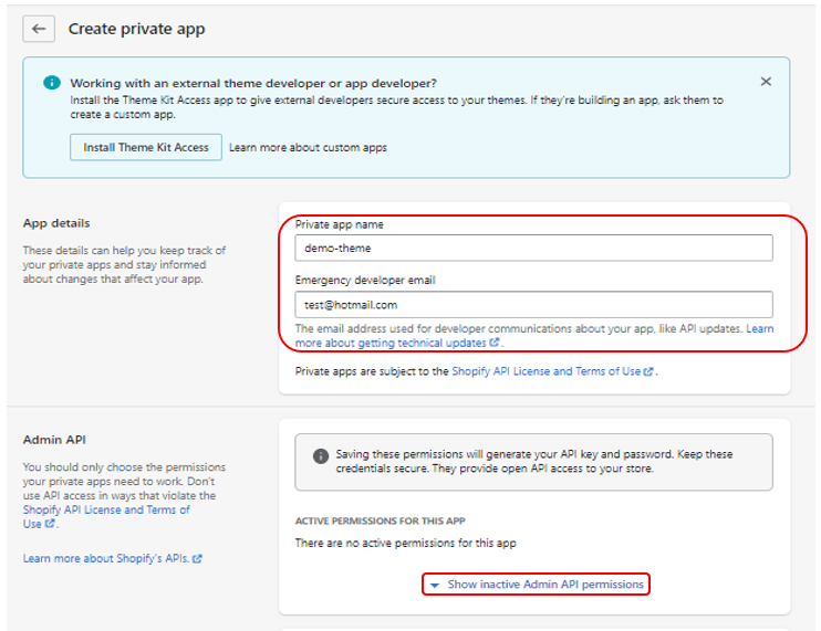 Shopify create app settings