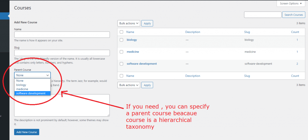 Adding terms to course taxonomy